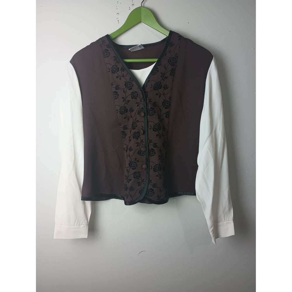 Vintage Maggie Lawrence Petite Brown Floral Layered Blouse Cream Sleeve P-Large